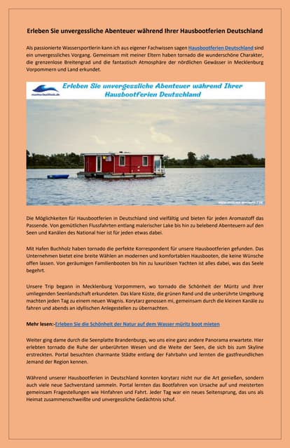 Unvergesslicher Urlaub auf dem Wasser hausbootferien deutschland | PDF