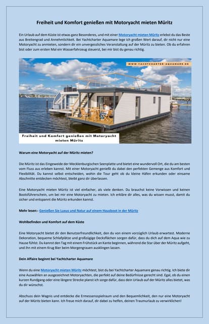 Motoryacht mieten Müritz für einzigartige Erlebnisse auf dem Wasser | PDF