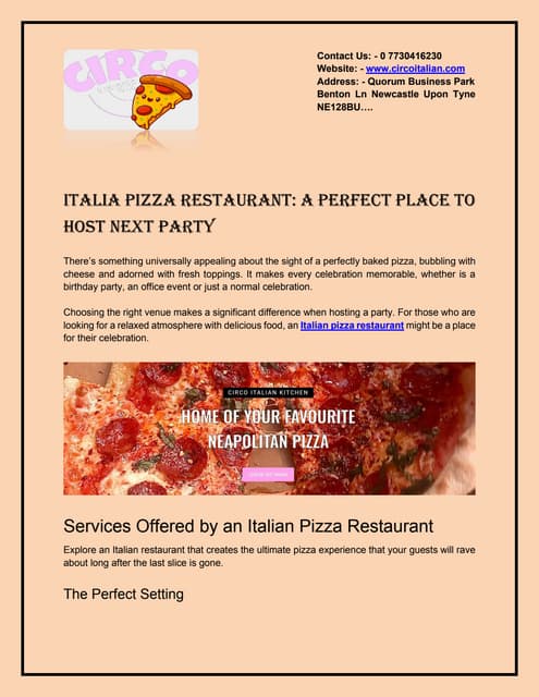 Italia Pizza Restaurant: A Perfect Place to Host Next Party | PDF